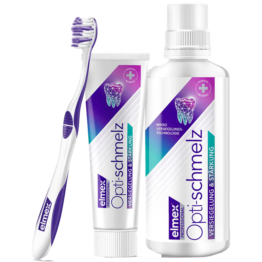 Produkte elmex Opt-schmelz Zahnpasta Mundspülung Zahnbürste